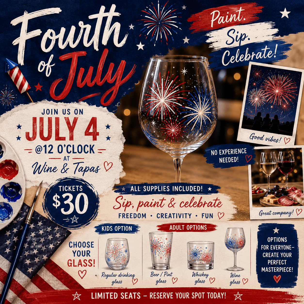 July 4th 12pm Wine & Tapas hand drawn design by Art with angel