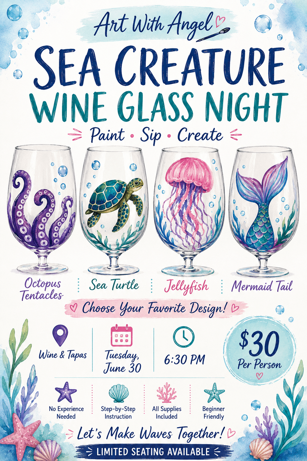 June 30th @6:30 wine & tapas hand drawn design by Art with angel